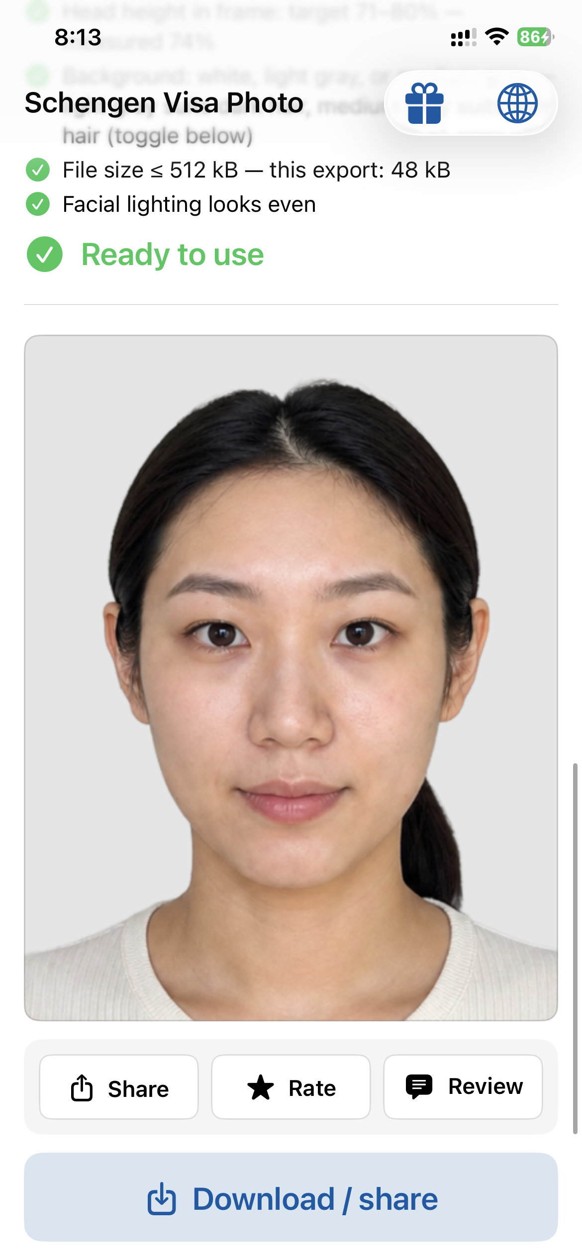 The same photo in the Schengen Visa Photo app: background removed, cropped, compliance checklist passed, marked Ready to use