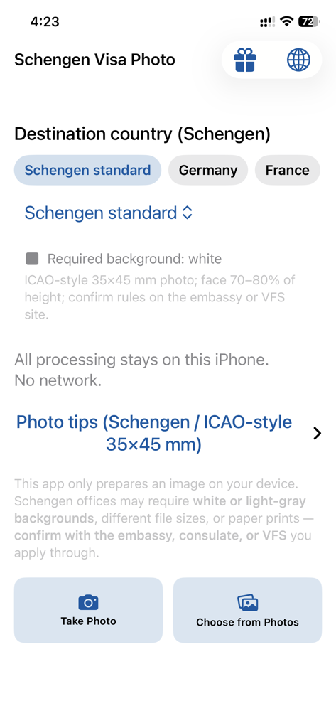 Schengen Visa Photo: home screen with destination country picker and Take Photo / Choose from Photos