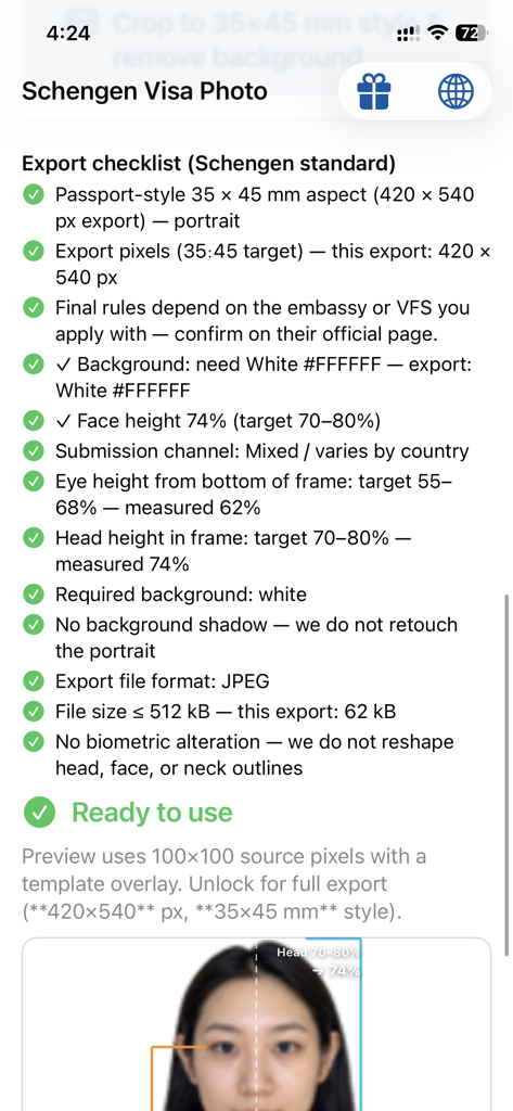 Full export checklist with Schengen ICAO measurements
