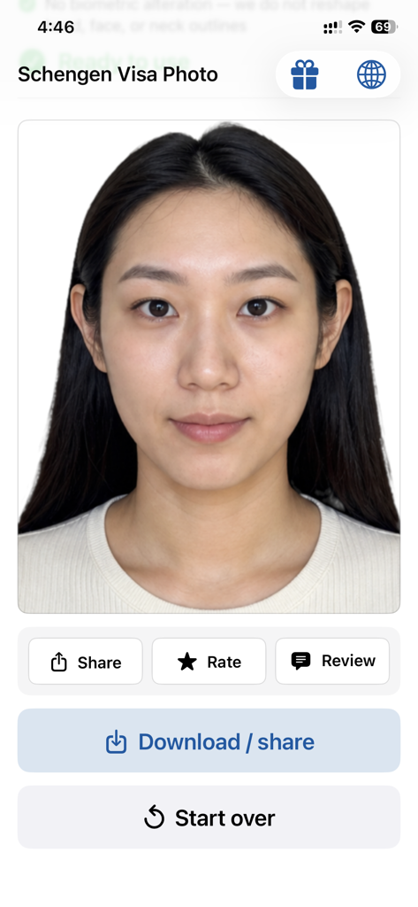 Unlocked portrait with Share, Rate, Review, Download and Start over