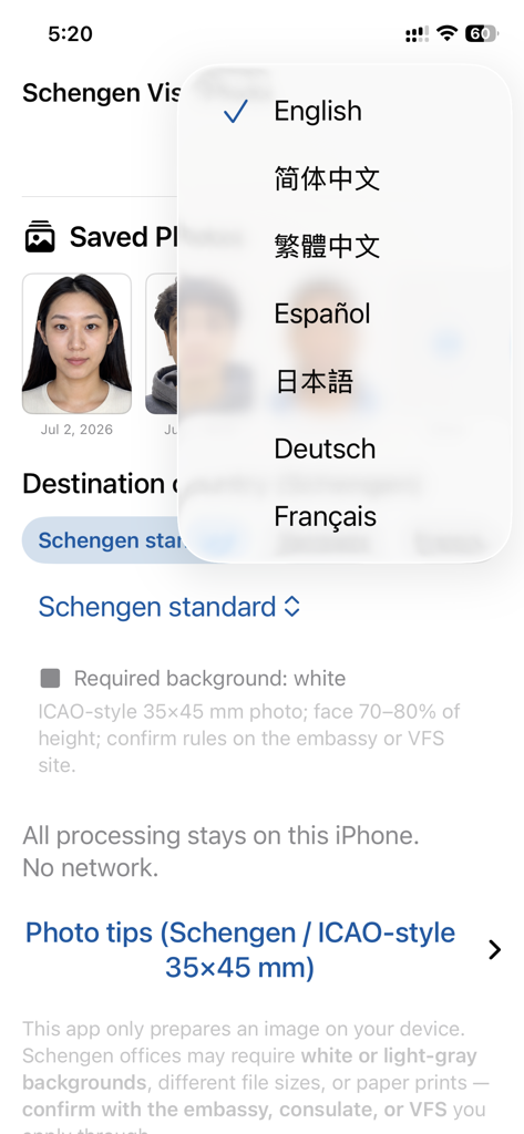 Language switcher menu with seven languages